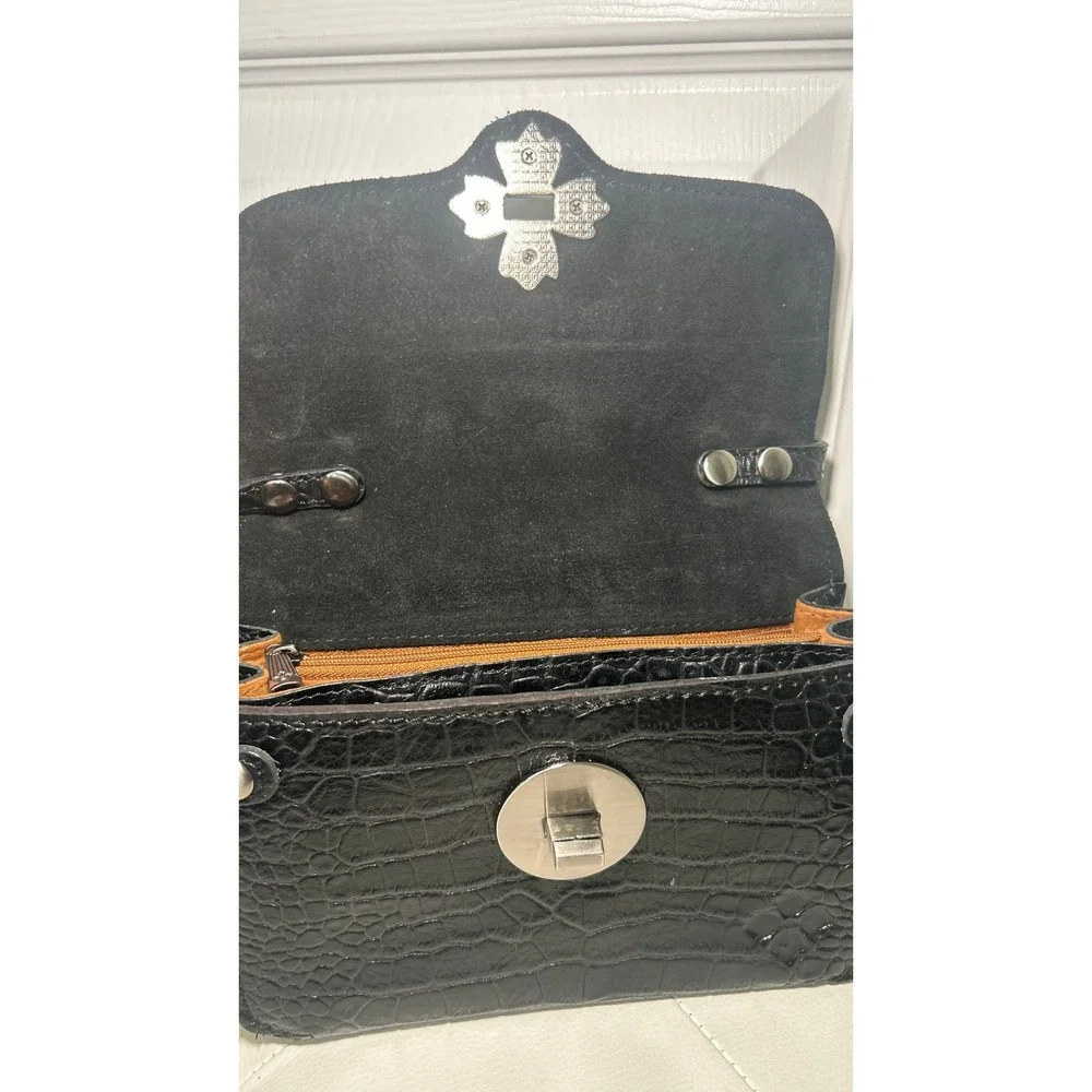 Patricia Nash Crossbody Bag Croc Embossed Black Leather Cross Turn Lock Small